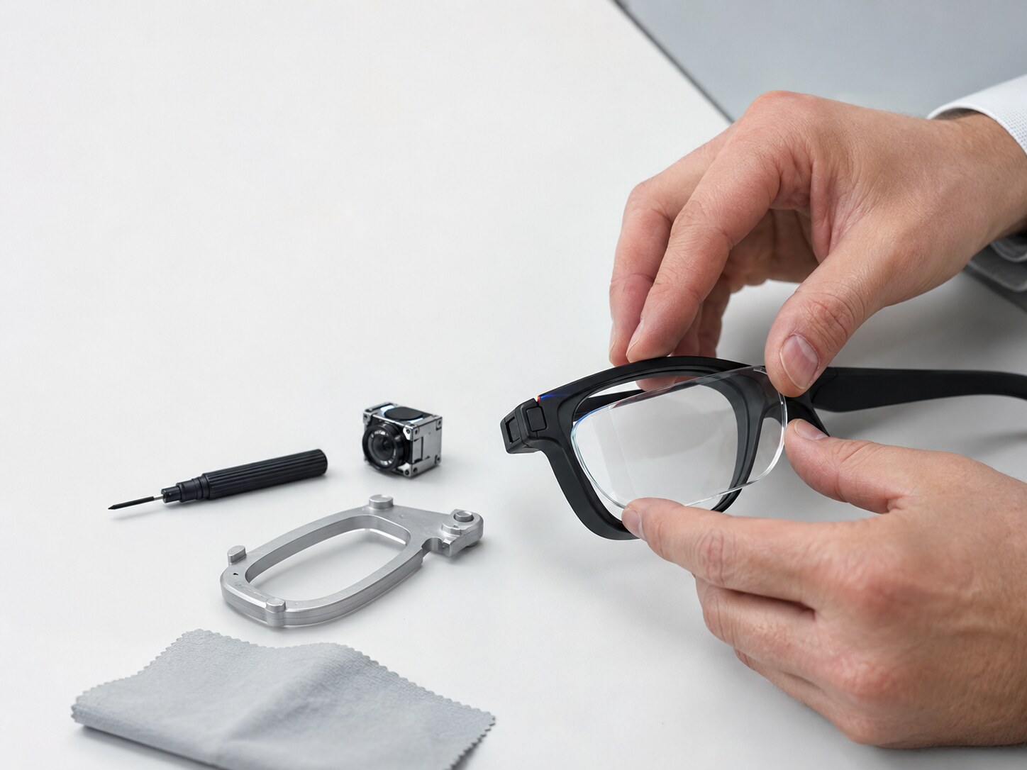 Hands fitting a lens into an eyewear frame at an assembly bench, beside a projector module, alignment jig and driver
