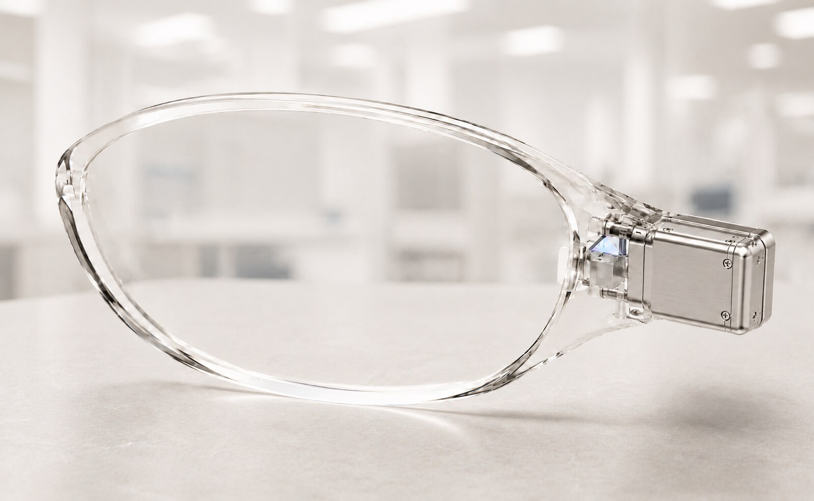 A HoloWedge lens with the microprojector module attached at the temple end, on a lab bench