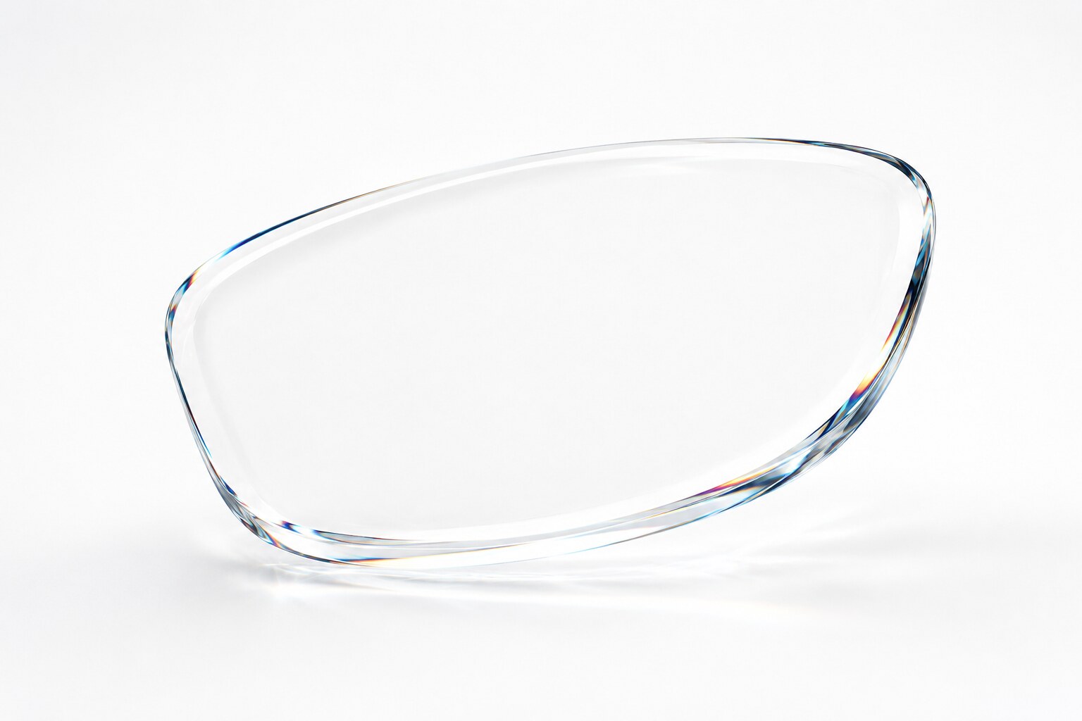 The HoloWedge combiner lens, a clear curved optic with iridescent refraction along its edge