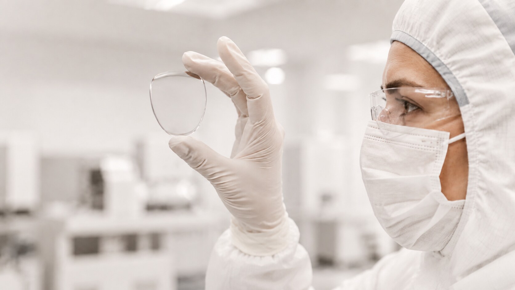 Cleanroom technician in a bunny suit holding up a HoloWedge VPH film lens for inspection