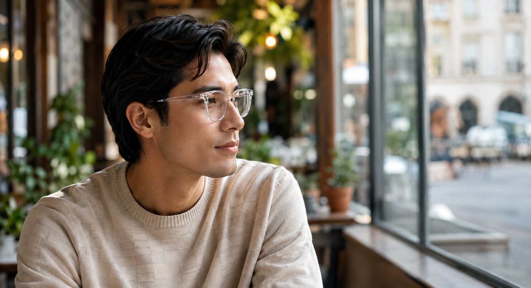 Man wearing clear HoloWedge eyewear in a cafe, indistinguishable from ordinary glasses