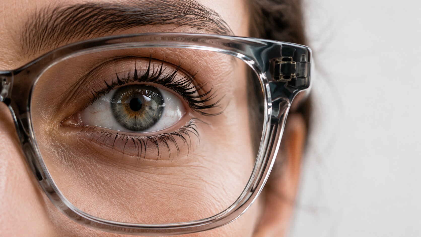 Close-up of a wearer's eye through a clear lens, with the Motia sensor visible in the temple beside it