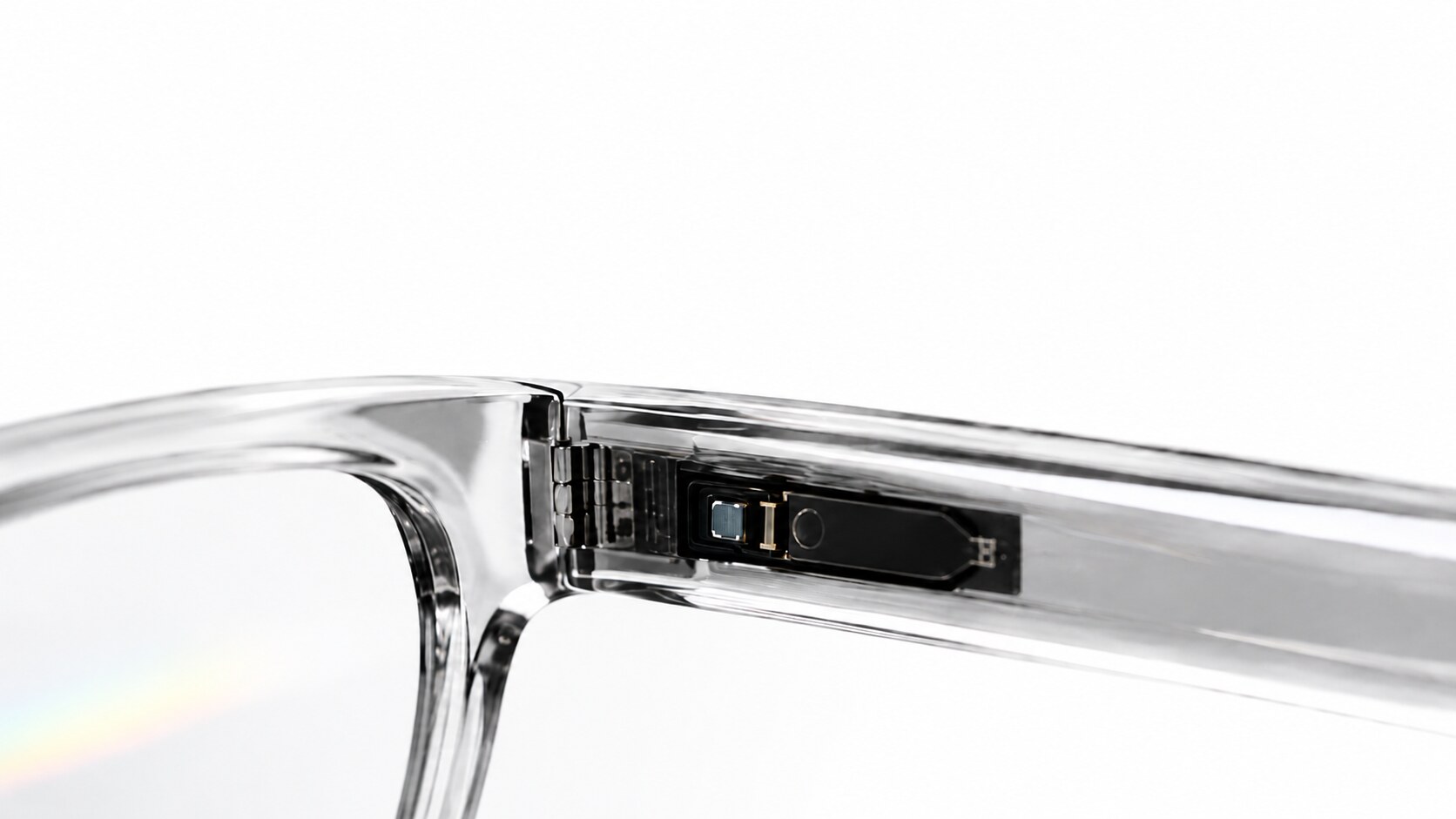 Macro view of the Motia sensor and flex circuit embedded inside a clear eyewear temple